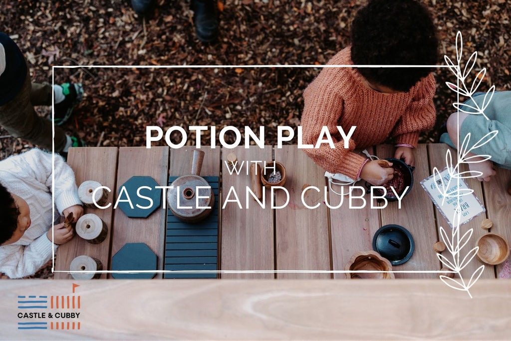 Children playing with potions at a wooden mud kitchen