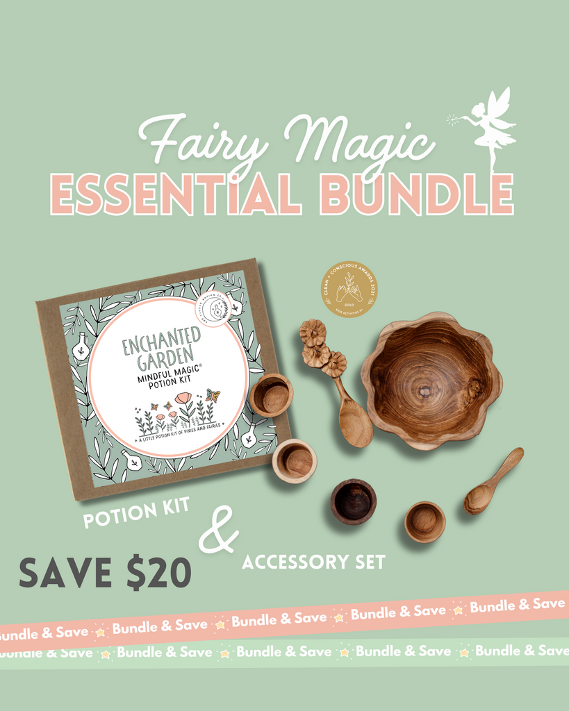 Enchanted garden potion with kit with wooden flower bowl, flower spoon, 4 pots and mini spoons bundle. 