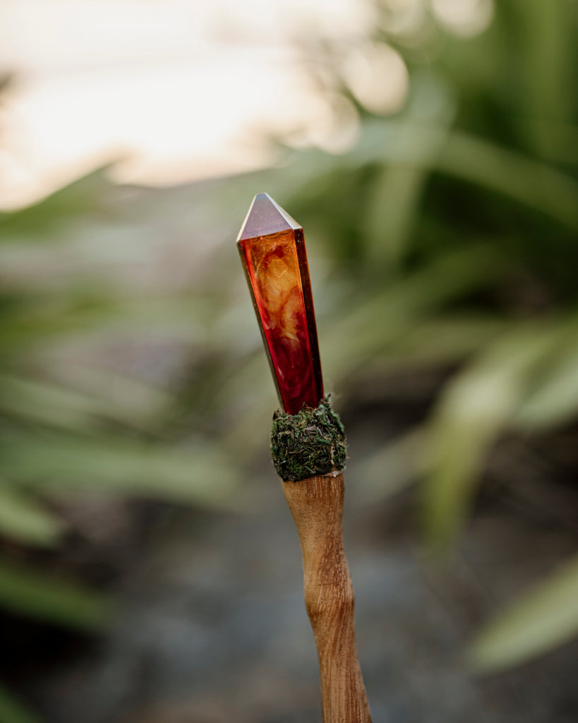 Red & Orange crystal resin wand with wooden handle