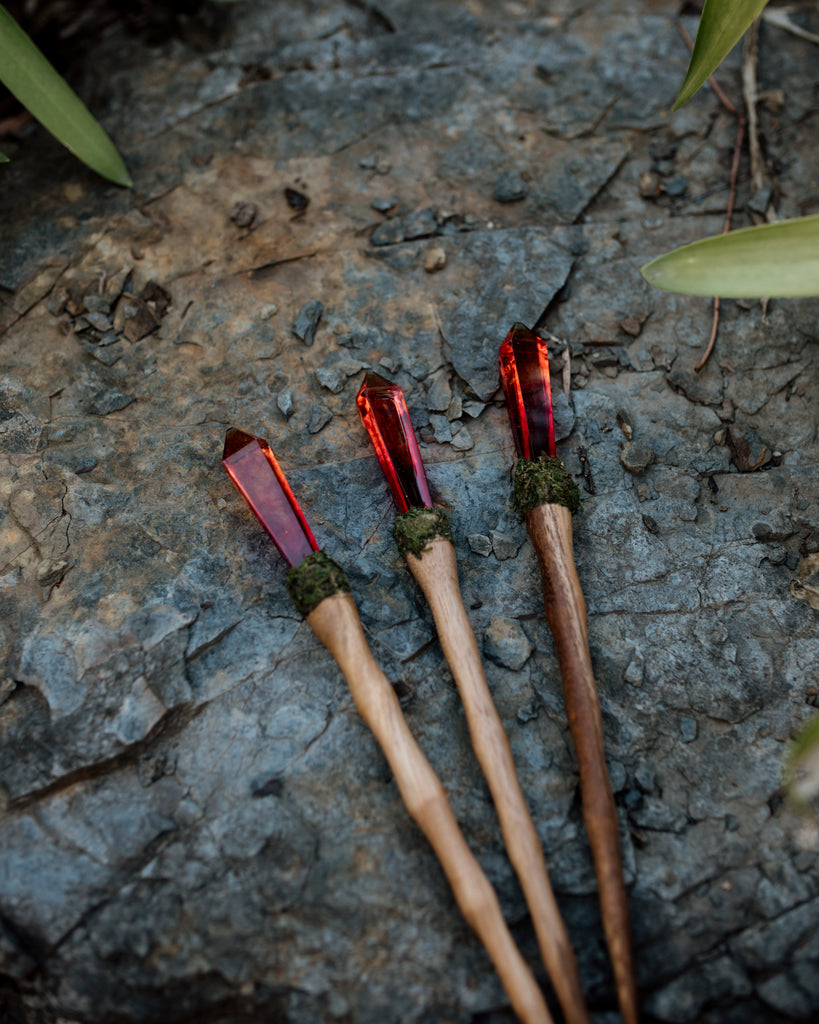 Red & Orange crystal resin wand with wooden handle