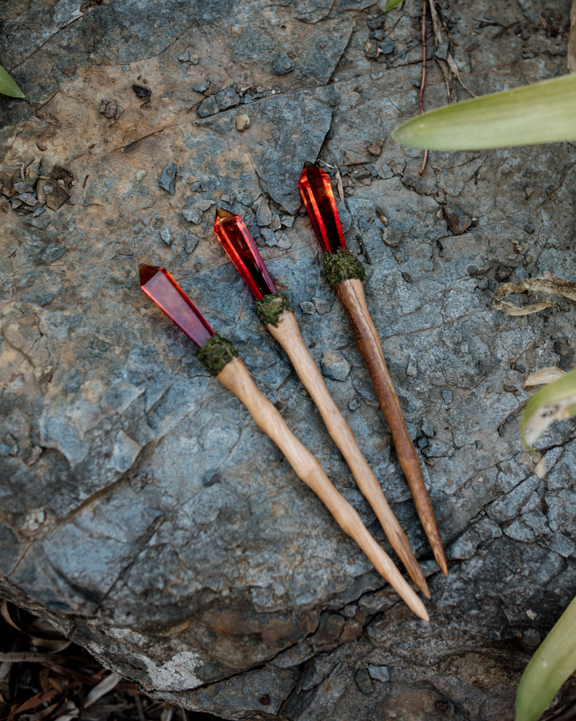 Red & Orange crystal resin wand with wooden handle