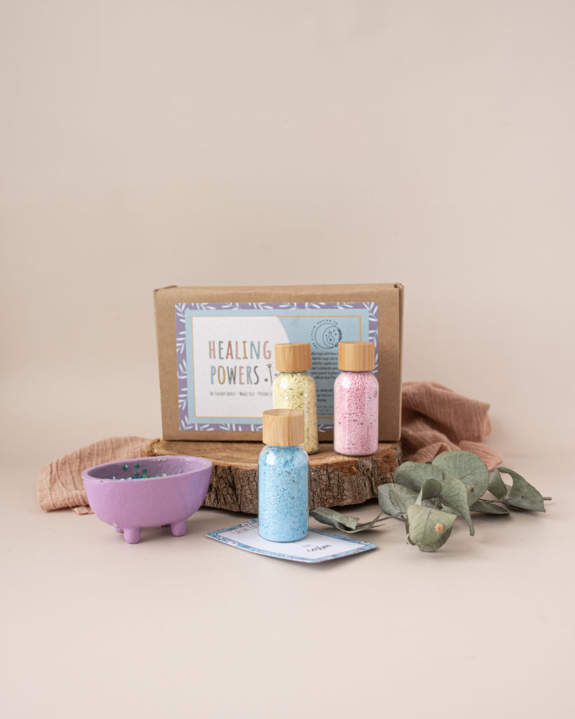 Healing Powers Magic Set. 3 Bottles of Fizz ingredients. Blue Calm, Yellow Happy and Pink Hope.