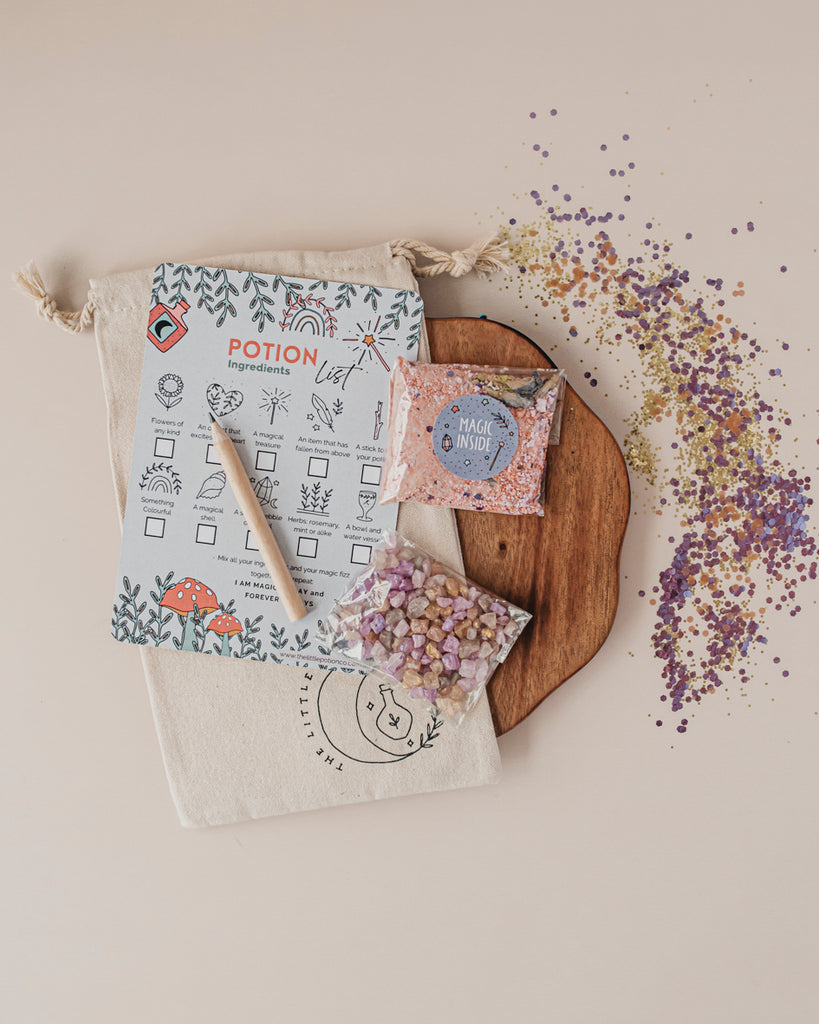 Witch & Wizard Party bag with fizz, crystals, ingredient card and pencil