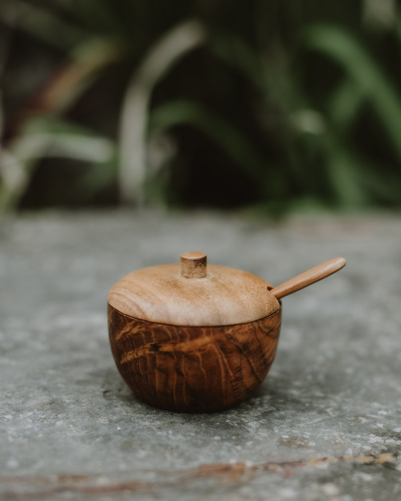 Mini Lidded wooden bowl with spoon, lid on
