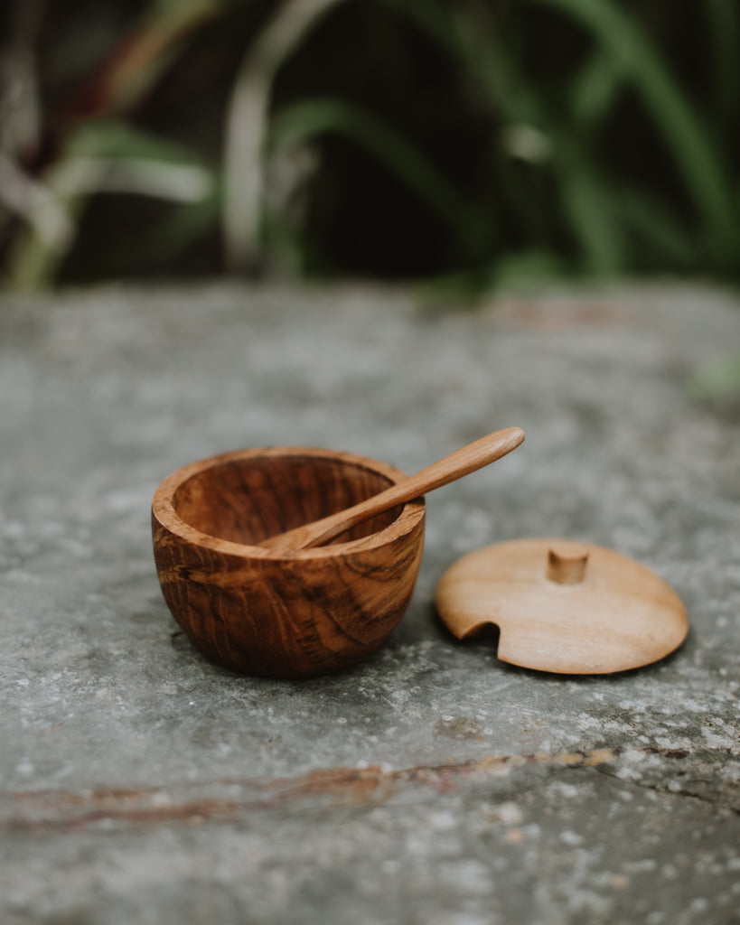Mini Lidded wooden bowl with spoon, lid off