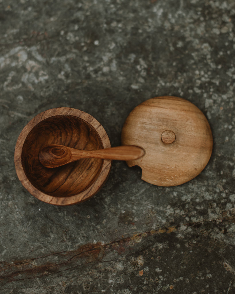 Mini Lidded wooden bowl with spoon, lid off