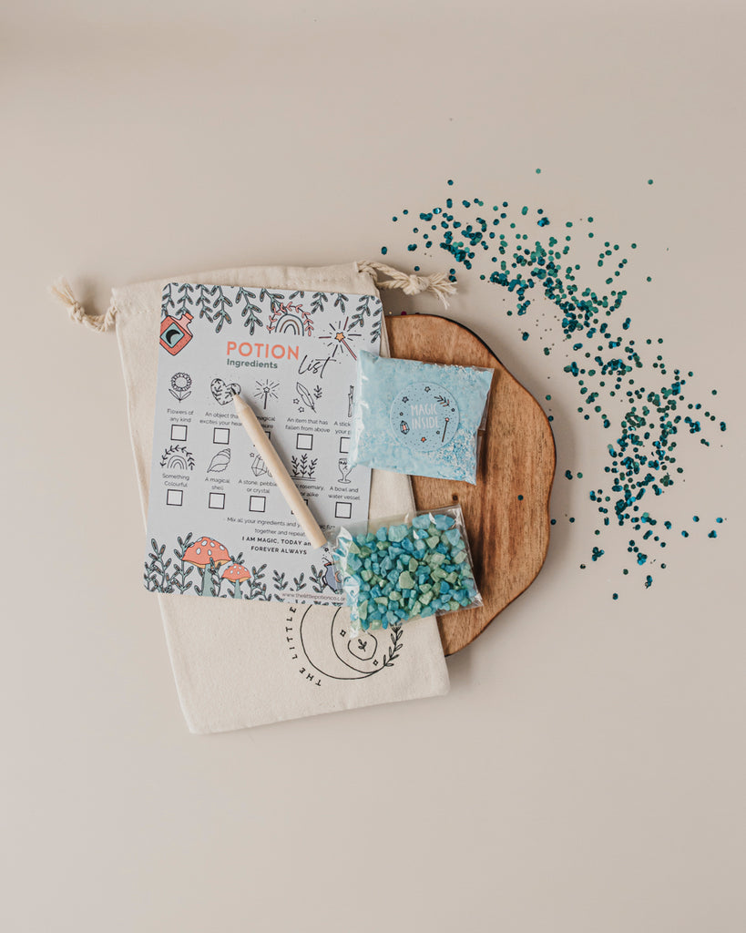 Mermaid Party bag with fizz, crystals, ingredient card and pencil