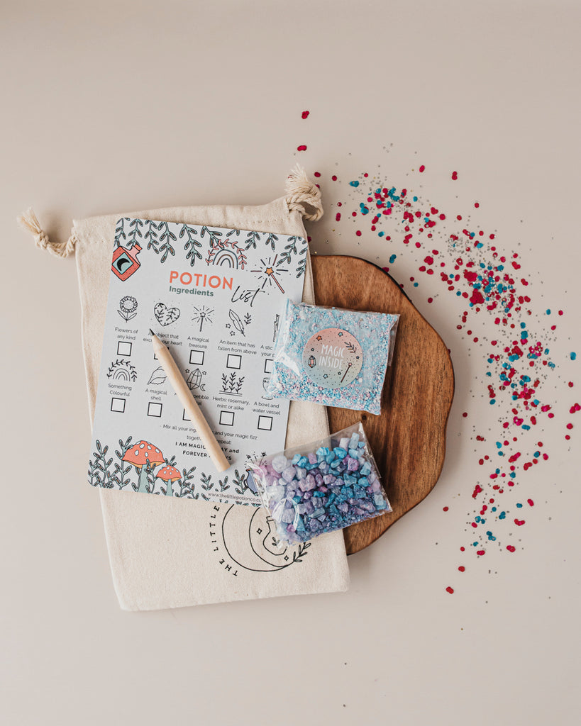 Rainbow & unicorn Party bag with fizz, crystals, ingredient card and pencil